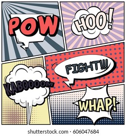Abstract creative concept comic pop art style blank, layout template with clouds beams and isolated dots background. For sale banner, empty speech bubble set, vector illustration halftone book design