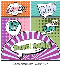 Abstract creative concept comic pop art style blank, layout template with clouds beams and isolated dots background. For sale banner, empty speech bubble set, vector illustration halftone book design