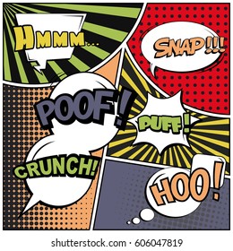 Abstract creative concept comic pop art style blank, layout template with clouds beams and isolated dots background. For sale banner, empty speech bubble set, vector illustration halftone book design