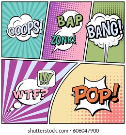 Abstract creative concept comic pop art style blank, layout template with clouds beams and isolated dots background. For sale banner, empty speech bubble set, vector illustration halftone book design
