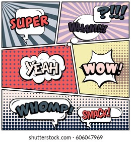 Abstract creative concept comic pop art style blank, layout template with clouds beams and isolated dots background. For sale banner, empty speech bubble set, vector illustration halftone book design