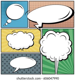 Abstract creative concept comic pop art style blank, layout template with clouds beams and isolated dots background. For sale banner, empty speech bubble set, vector illustration halftone book design