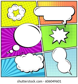 Abstract creative concept comic pop art style blank, layout template with clouds beams and isolated dots background. For sale banner, empty speech bubble set, vector illustration halftone book design