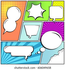 Abstract creative concept comic pop art style blank, layout template with clouds beams and isolated dots background. For sale banner, empty speech bubble set, vector illustration halftone book design