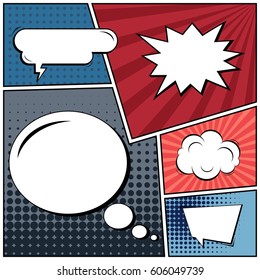 Abstract creative concept comic pop art style blank, layout template with clouds beams and isolated dots background. For sale banner, empty speech bubble set, vector illustration halftone book design