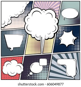 Abstract creative concept comic pop art style blank, layout template with clouds beams and isolated dots background. For sale banner, empty speech bubble set, vector illustration halftone book design