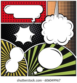 Abstract creative concept comic pop art style blank, layout template with clouds beams and isolated dots background. For sale banner, empty speech bubble set, vector illustration halftone book design