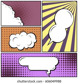 Abstract creative concept comic pop art style blank, layout template with clouds beams and isolated dots background. For sale banner, empty speech bubble set, vector illustration halftone book design