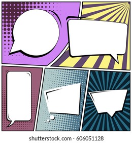 Abstract creative concept comic pop art style blank, layout template with clouds beams and isolated dots background. For sale banner, empty speech bubble set, vector illustration halftone book design