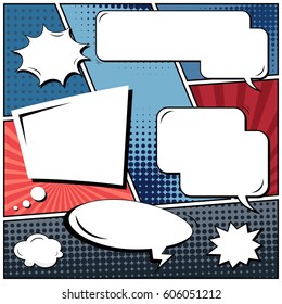 Abstract creative concept comic pop art style blank, layout template with clouds beams and isolated dots background. For sale banner, empty speech bubble set, vector illustration halftone book design