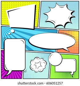 Abstract creative concept comic pop art style blank, layout template with clouds beams and isolated dots background. For sale banner, empty speech bubble set, vector illustration halftone book design