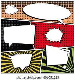 Abstract creative concept comic pop art style blank, layout template with clouds beams and isolated dots background. For sale banner, empty speech bubble set, vector illustration halftone book design