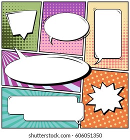 Abstract creative concept comic pop art style blank, layout template with clouds beams and isolated dots background. For sale banner, empty speech bubble set, vector illustration halftone book design