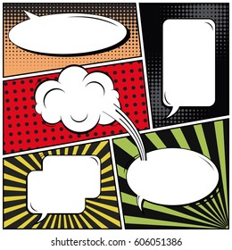 Abstract creative concept comic pop art style blank, layout template with clouds beams and isolated dots background. For sale banner, empty speech bubble set, vector illustration halftone book design