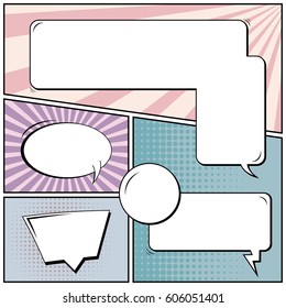 Abstract creative concept comic pop art style blank, layout template with clouds beams and isolated dots background. For sale banner, empty speech bubble set, vector illustration halftone book design