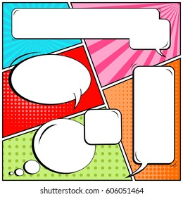 Abstract creative concept comic pop art style blank, layout template with clouds beams and isolated dots background. For sale banner, empty speech bubble set, vector illustration halftone book design