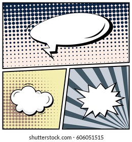 Abstract creative concept comic pop art style blank, layout template with clouds beams and isolated dots background. For sale banner, empty speech bubble set, vector illustration halftone book design