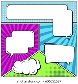Abstract creative concept comic pop art style blank, layout template with clouds beams and isolated dots background. For sale banner, empty speech bubble set, vector illustration halftone book design