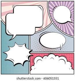 Abstract creative concept comic pop art style blank, layout template with clouds beams and isolated dots background. For sale banner, empty speech bubble set, vector illustration halftone book design