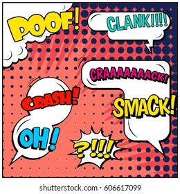 Abstract creative concept comic pop art style blank, layout template with clouds beams and isolated dots background. For sale banner, empty speech bubble set, vector illustration halftone book design