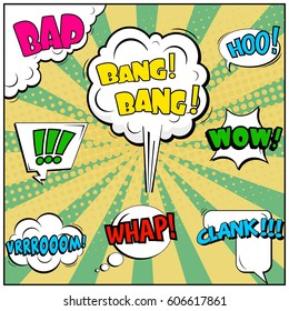 Abstract creative concept comic pop art style blank, layout template with clouds beams and isolated dots background. For sale banner, empty speech bubble set, vector illustration halftone book design