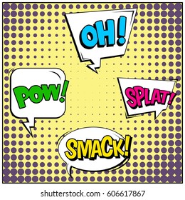 Abstract creative concept comic pop art style blank, layout template with clouds beams and isolated dots background. For sale banner, empty speech bubble set, vector illustration halftone book design
