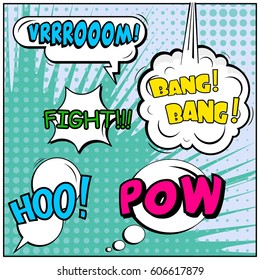 Abstract creative concept comic pop art style blank, layout template with clouds beams and isolated dots background. For sale banner, empty speech bubble set, vector illustration halftone book design