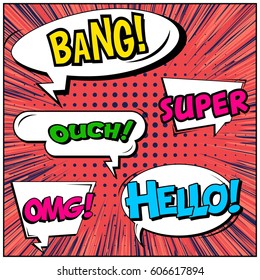 Abstract creative concept comic pop art style blank, layout template with clouds beams and isolated dots background. For sale banner, empty speech bubble set, vector illustration halftone book design