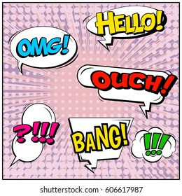 Abstract creative concept comic pop art style blank, layout template with clouds beams and isolated dots background. For sale banner, empty speech bubble set, vector illustration halftone book design