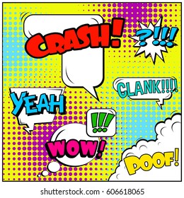 Abstract creative concept comic pop art style blank, layout template with clouds beams and isolated dots background. For sale banner, empty speech bubble set, vector illustration halftone book design