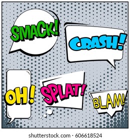 Abstract creative concept comic pop art style blank, layout template with clouds beams and isolated dots background. For sale banner, empty speech bubble set, vector illustration halftone book design