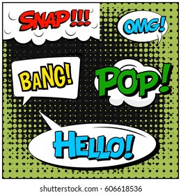 Abstract creative concept comic pop art style blank, layout template with clouds beams and isolated dots background. For sale banner, empty speech bubble set, vector illustration halftone book design