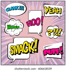 Abstract creative concept comic pop art style blank, layout template with clouds beams and isolated dots background. For sale banner, empty speech bubble set, vector illustration halftone book design