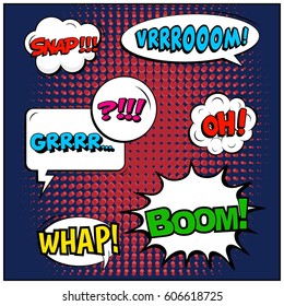 Abstract creative concept comic pop art style blank, layout template with clouds beams and isolated dots background. For sale banner, empty speech bubble set, vector illustration halftone book design