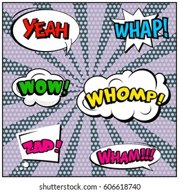 Abstract creative concept comic pop art style blank, layout template with clouds beams and isolated dots background. For sale banner, empty speech bubble set, vector illustration halftone book design