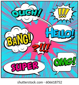 Abstract creative concept comic pop art style blank, layout template with clouds beams and isolated dots background. For sale banner, empty speech bubble set, vector illustration halftone book design