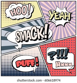 Abstract creative concept comic pop art style blank, layout template with clouds beams and isolated dots background. For sale banner, empty speech bubble set, vector illustration halftone book design