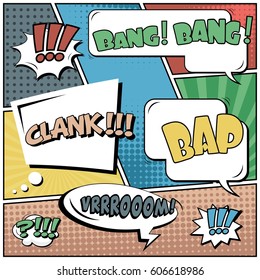 Abstract creative concept comic pop art style blank, layout template with clouds beams and isolated dots background. For sale banner, empty speech bubble set, vector illustration halftone book design