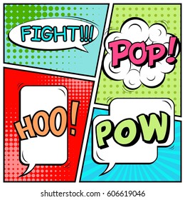Abstract creative concept comic pop art style blank, layout template with clouds beams and isolated dots background. For sale banner, empty speech bubble set, vector illustration halftone book design