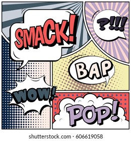 Abstract creative concept comic pop art style blank, layout template with clouds beams and isolated dots background. For sale banner, empty speech bubble set, vector illustration halftone book design