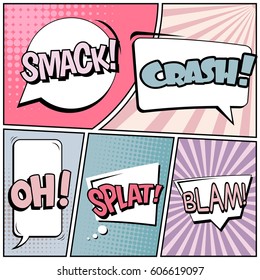 Abstract creative concept comic pop art style blank, layout template with clouds beams and isolated dots background. For sale banner, empty speech bubble set, vector illustration halftone book design
