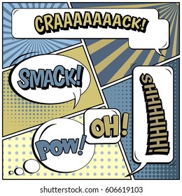 Abstract creative concept comic pop art style blank, layout template with clouds beams and isolated dots background. For sale banner, empty speech bubble set, vector illustration halftone book design