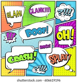 Abstract creative concept comic pop art style blank, layout template with clouds beams and isolated dots background. For sale banner, empty speech bubble set, vector illustration halftone book design