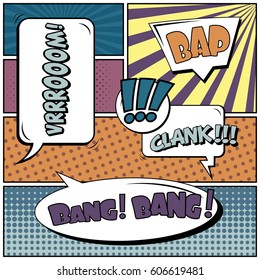 Abstract creative concept comic pop art style blank, layout template with clouds beams and isolated dots background. For sale banner, empty speech bubble set, vector illustration halftone book design