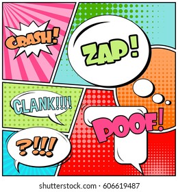 Abstract creative concept comic pop art style blank, layout template with clouds beams and isolated dots background. For sale banner, empty speech bubble set, vector illustration halftone book design