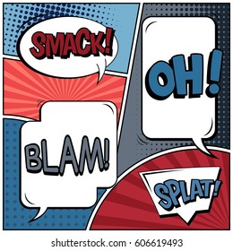 Abstract creative concept comic pop art style blank, layout template with clouds beams and isolated dots background. For sale banner, empty speech bubble set, vector illustration halftone book design