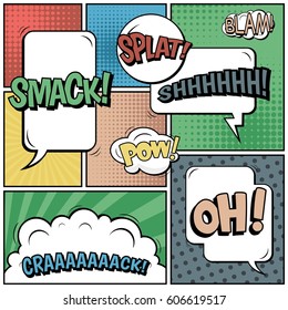 Abstract creative concept comic pop art style blank, layout template with clouds beams and isolated dots background. For sale banner, empty speech bubble set, vector illustration halftone book design