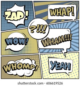 Abstract creative concept comic pop art style blank, layout template with clouds beams and isolated dots background. For sale banner, empty speech bubble set, vector illustration halftone book design