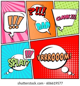Abstract creative concept comic pop art style blank, layout template with clouds beams and isolated dots background. For sale banner, empty speech bubble set, vector illustration halftone book design
