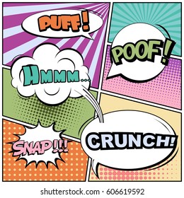 Abstract creative concept comic pop art style blank, layout template with clouds beams and isolated dots background. For sale banner, empty speech bubble set, vector illustration halftone book design